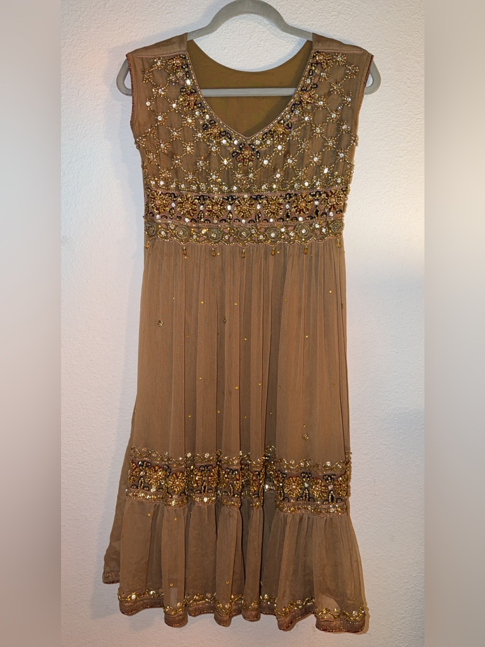 Heavy work dress Beaded Embellished Tan Evening Dress